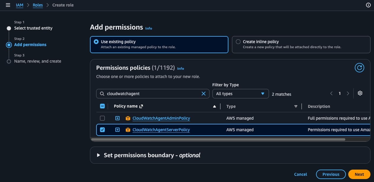 IAM add permissions screen — searching for 'cloudwatchagent' and selecting the CloudWatchAgentServerPolicy policy