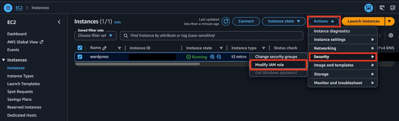 Menu path on an EC2 instance: Actions → Security → 'Modify IAM role'