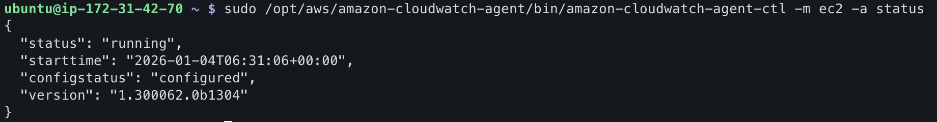 터미널 — amazon-cloudwatch-agent-ctl status 결과, status가 running·configured로 표시됨