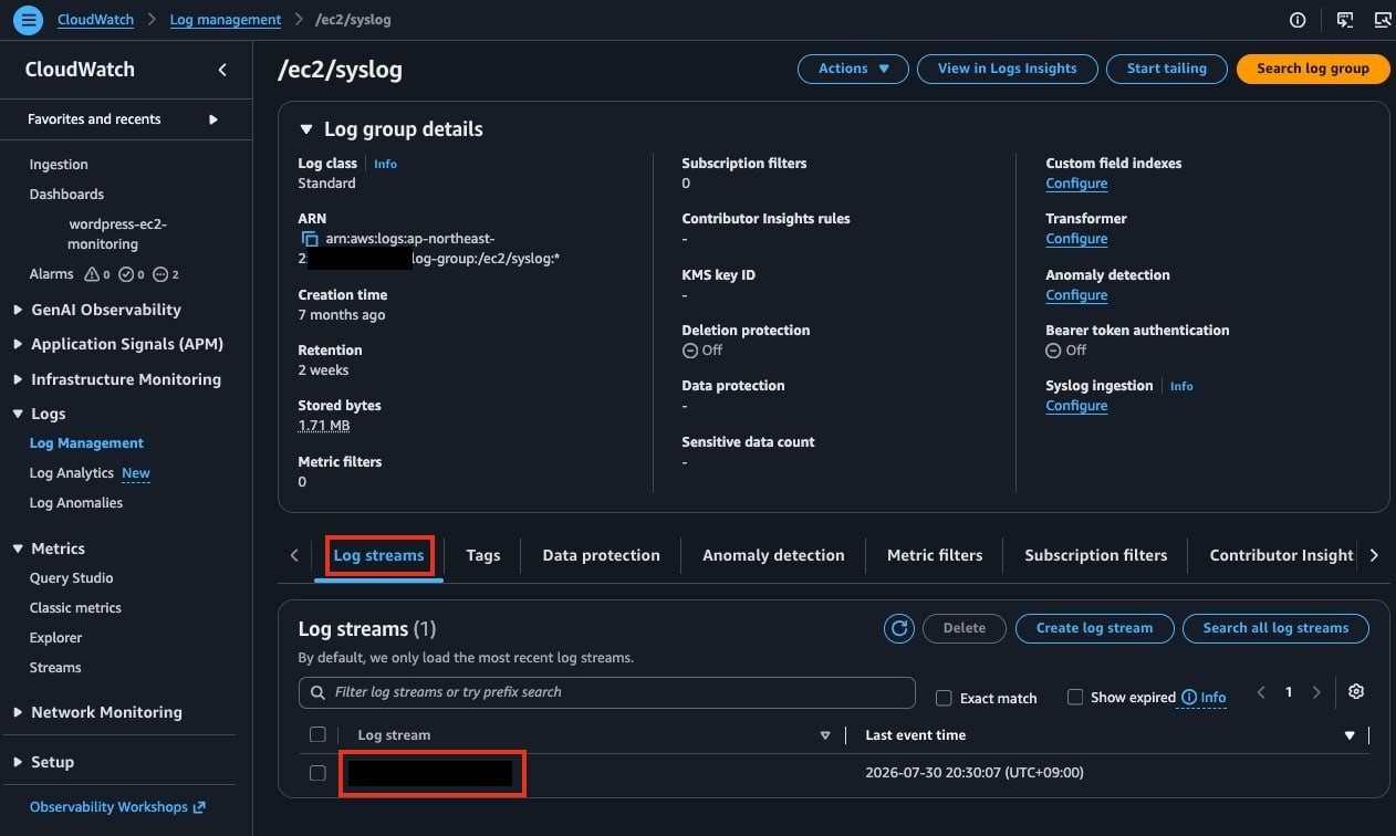 /ec2/syslog log group details with a single log stream named after the instance ID (masked)