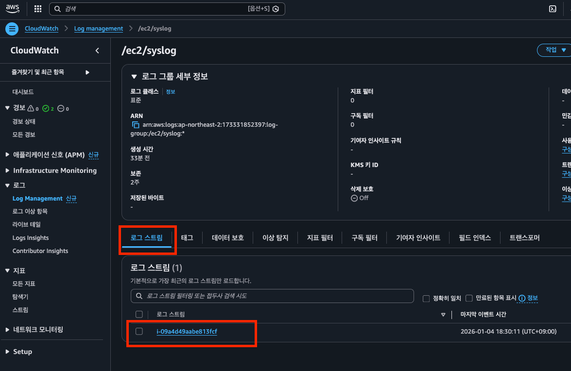 /ec2/syslog 로그 그룹 세부 정보와 인스턴스 ID로 된 로그 스트림 하나