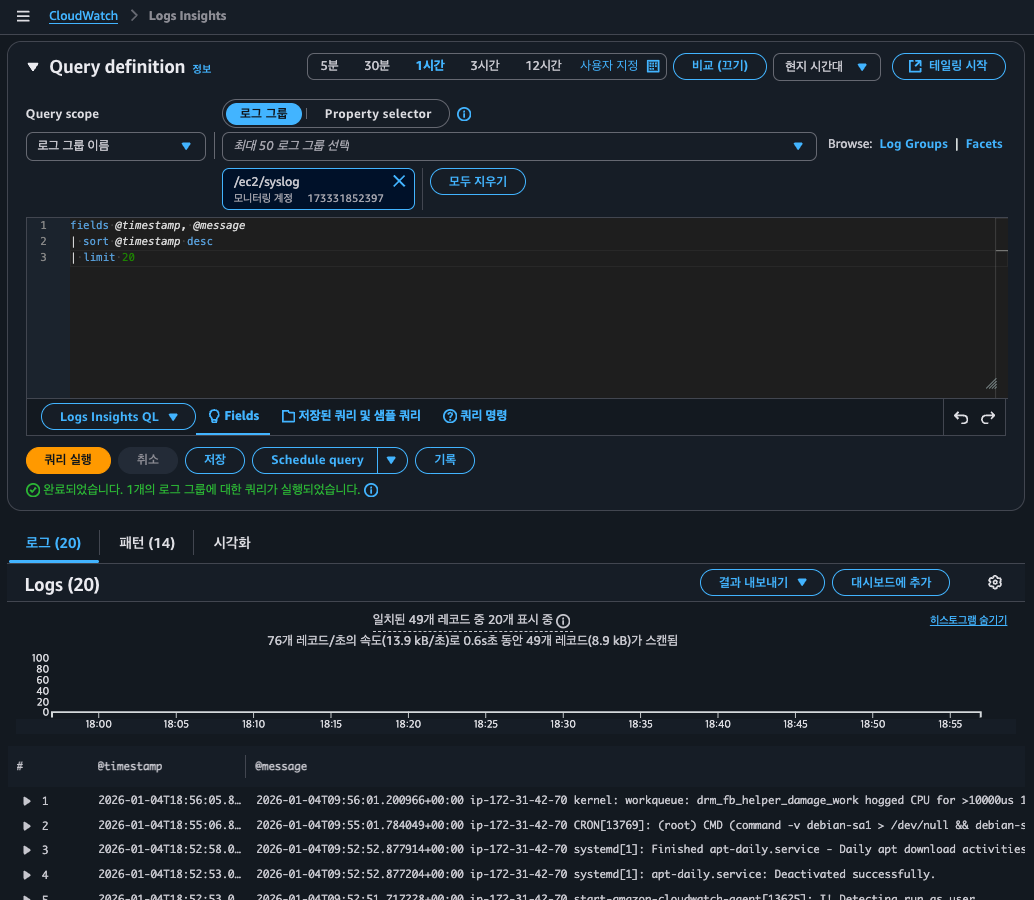CloudWatch Logs Insights — @timestamp·@message를 최신순 20건 조회하는 쿼리와 그 결과 로그
