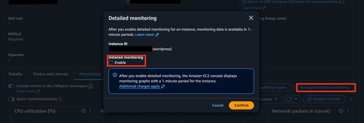 The dialog shown after clicking 'Manage detailed monitoring' — an Enable checkbox for detailed monitoring and a notice that additional charges apply