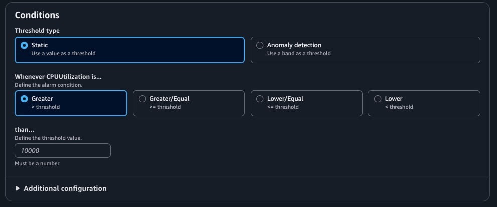 Alarm condition settings — threshold type 'Static' and condition 'Greater' selected, with the threshold value field below