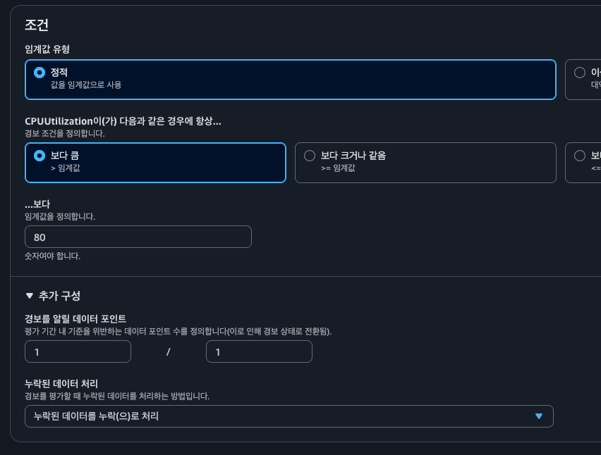 경보 조건 설정 화면 — 임계값 유형 ‘정적’, 조건 ‘보다 큼’, 임계값 80, 데이터 포인트 1/1