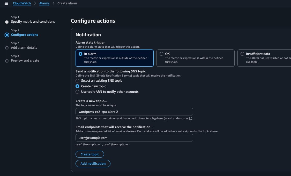 Alarm notification (actions) settings — alarm state trigger, creating a new SNS topic, and entering the email address for notifications